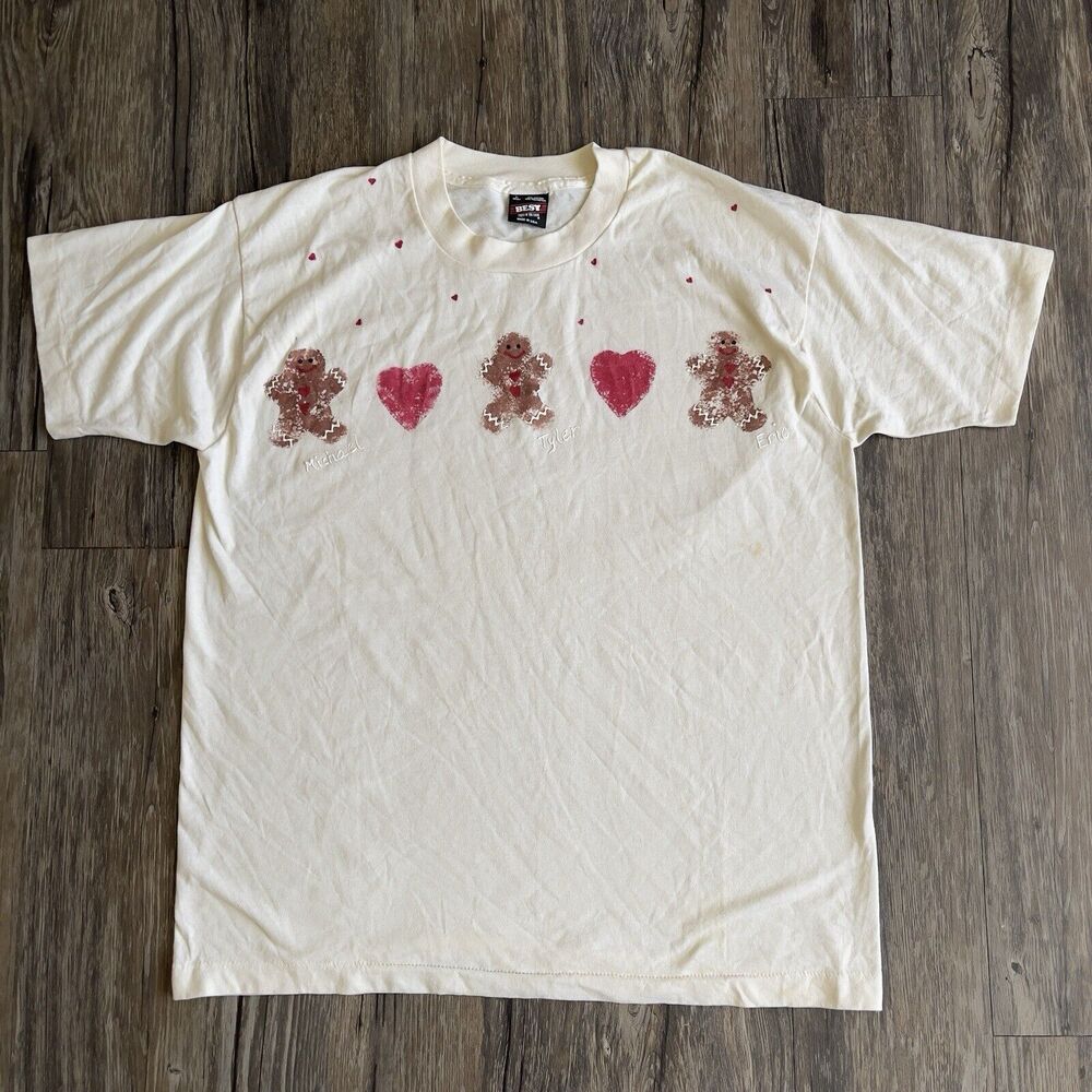 Vtg Gingerbread Heart Graphic Single Stitch T Shirt Xmas USA Made Best Tag Men L